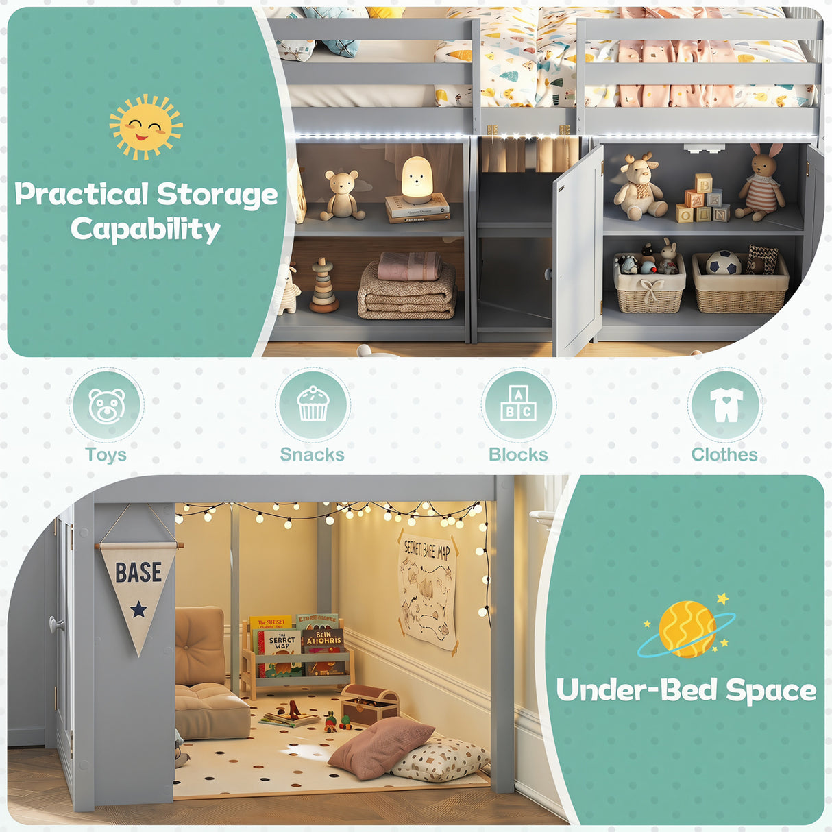 Twin Size Loft Bed with LED Lights and Kids Wooden Bed Frame-Gray