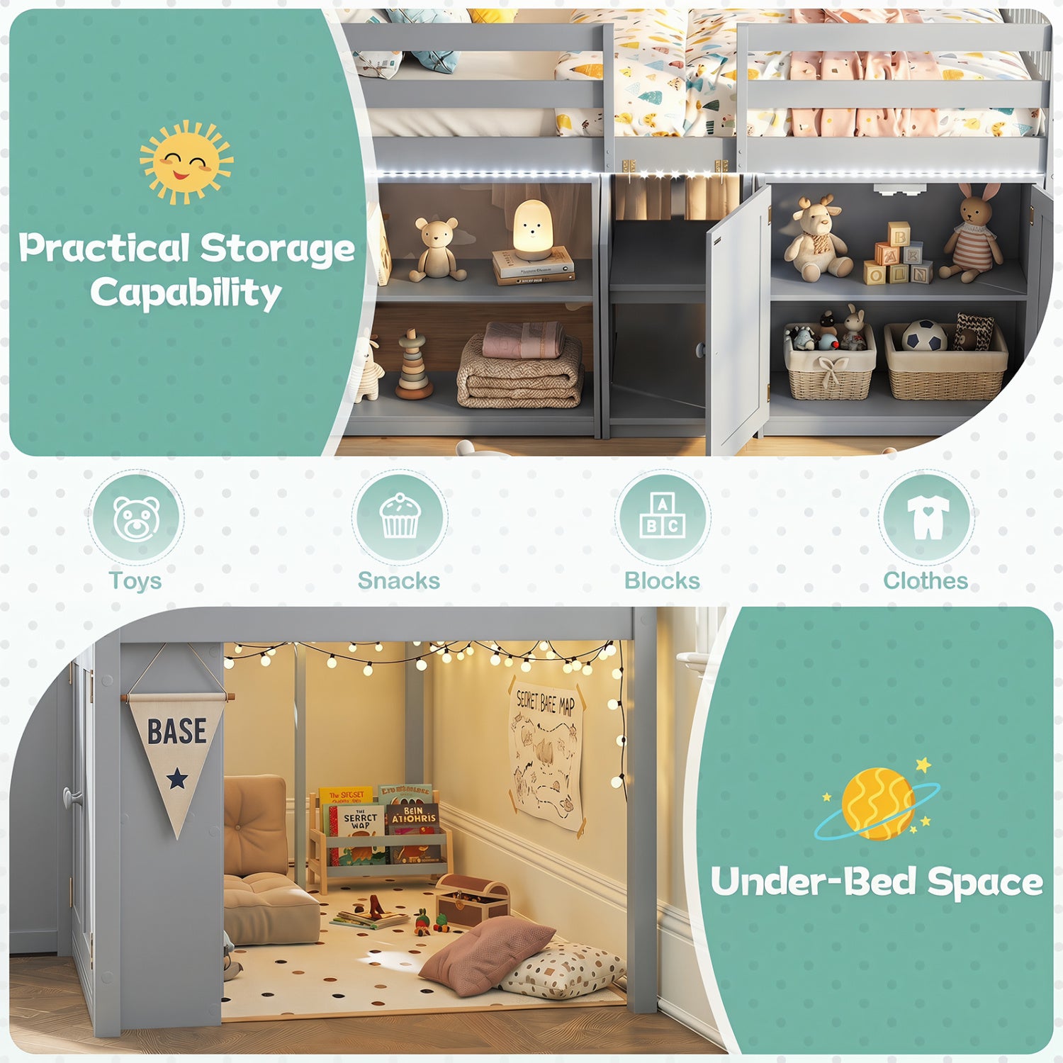 Twin Size Loft Bed with LED Lights and Kids Wooden Bed Frame-Gray