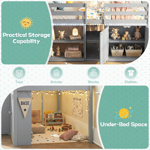 Twin Size Loft Bed with LED Lights and Kids Wooden Bed Frame-Gray