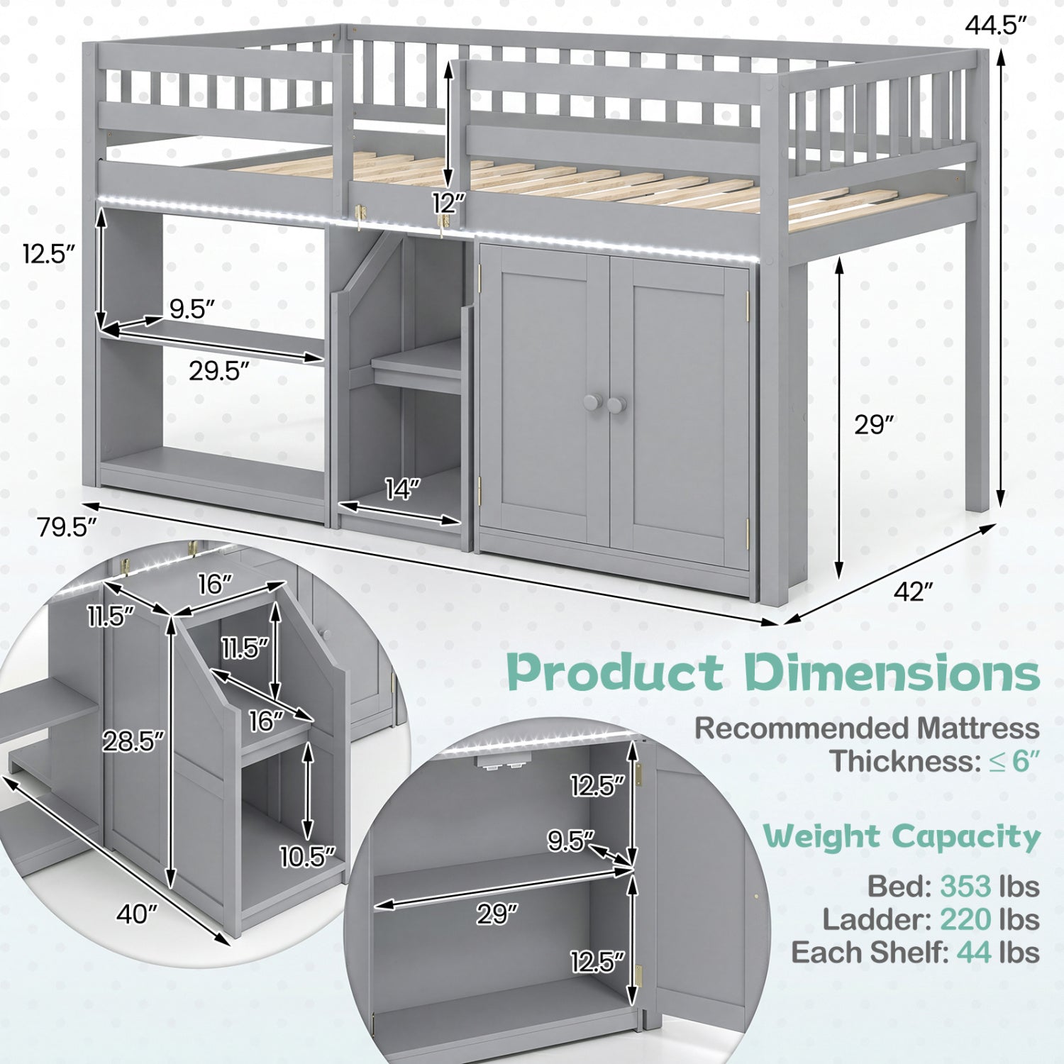 Twin Size Loft Bed with LED Lights and Kids Wooden Bed Frame-Gray