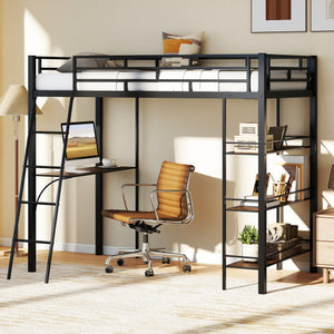 Twin Size Loft Bed with Desk and Shelves for Kids and Home-Black