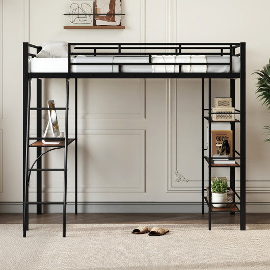 Twin Size Loft Bed with Desk and Shelves for Kids and Home-Black
