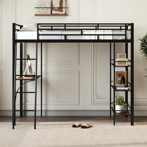 Twin Size Loft Bed with Desk and Shelves for Kids and Home-Black