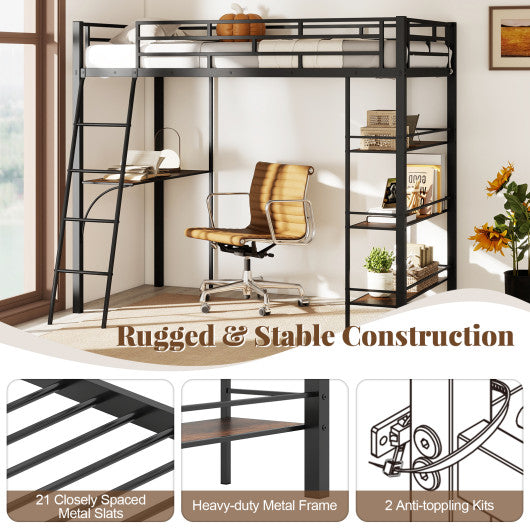 Twin Size Loft Bed with Desk and Shelves for Kids and Home-Black