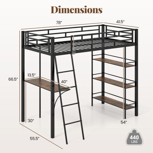 Twin Size Loft Bed with Desk and Shelves for Kids and Home-Black