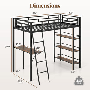Twin Size Loft Bed with Desk and Shelves for Kids and Home-Black