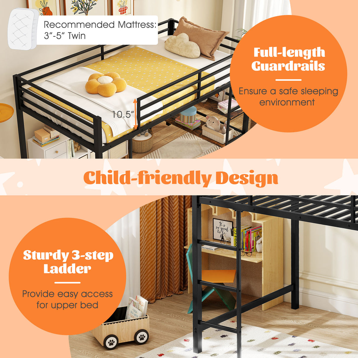 Twin Size Low Loft Bed with Ladder and Storage Shelves Metal Frame for Boys Girls-Black