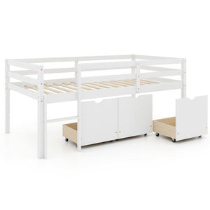 Twin Size Low Loft Bed with 3 Drawers with Ladder and Full-length Guardrails-White