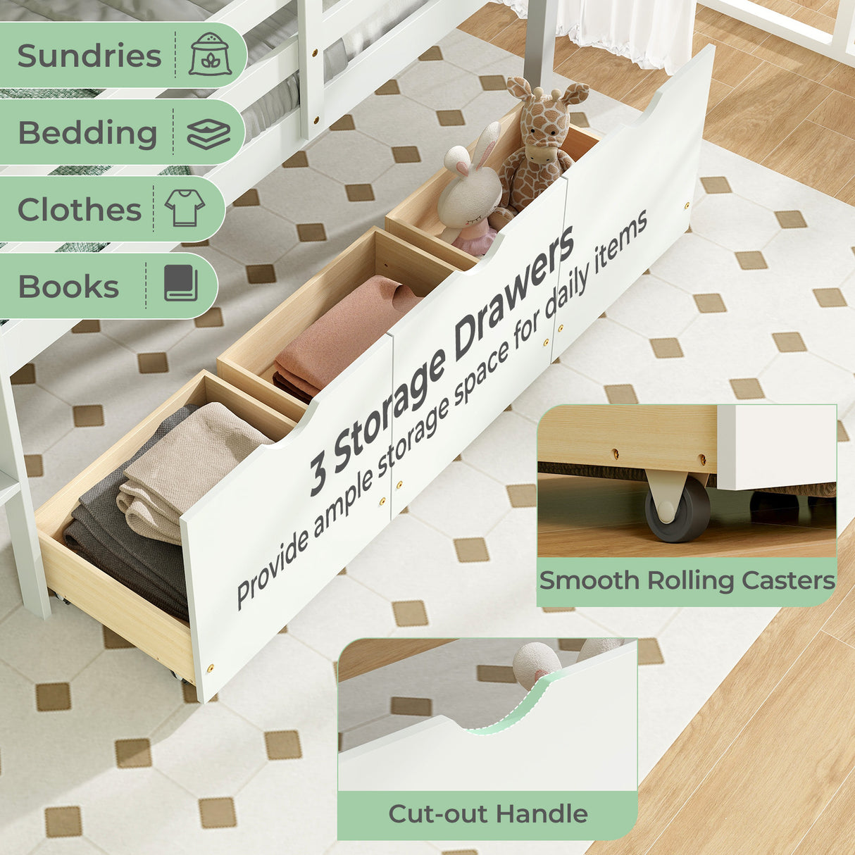 Twin Size Low Loft Bed with 3 Drawers with Ladder and Full-length Guardrails-White