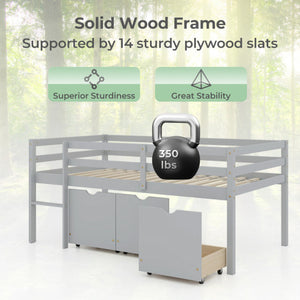 Twin Size Low Loft Bed with 3 Drawers with Ladder and Full-length Guardrails-Gray