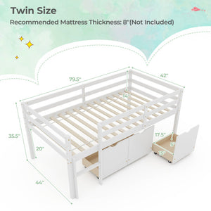 Twin Size Low Loft Bed with 3 Drawers with Ladder and Full-length Guardrails-White