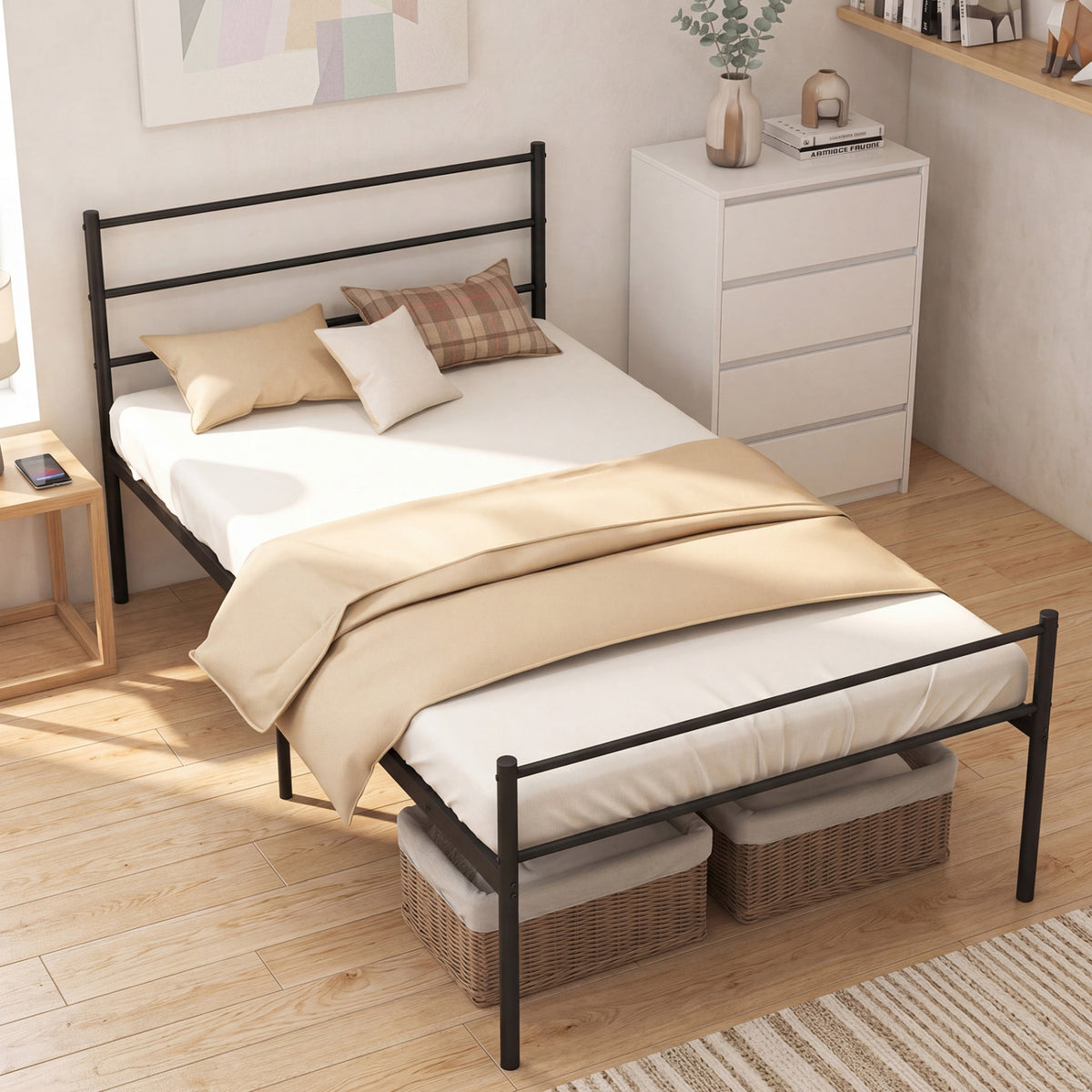 Twin Size Metal Bed Frame Platform with Headboard-Black