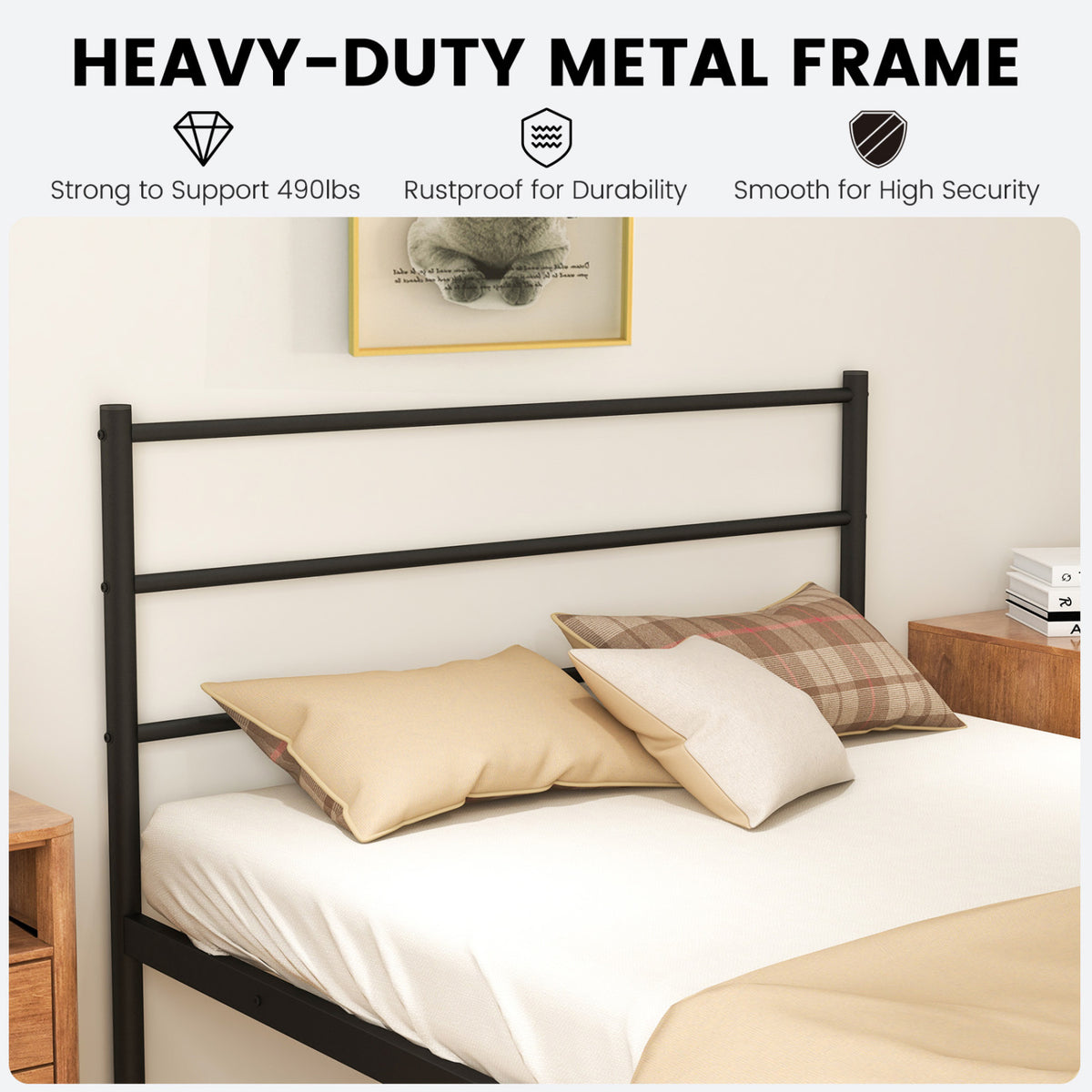 Twin Size Metal Bed Frame Platform with Headboard-Black