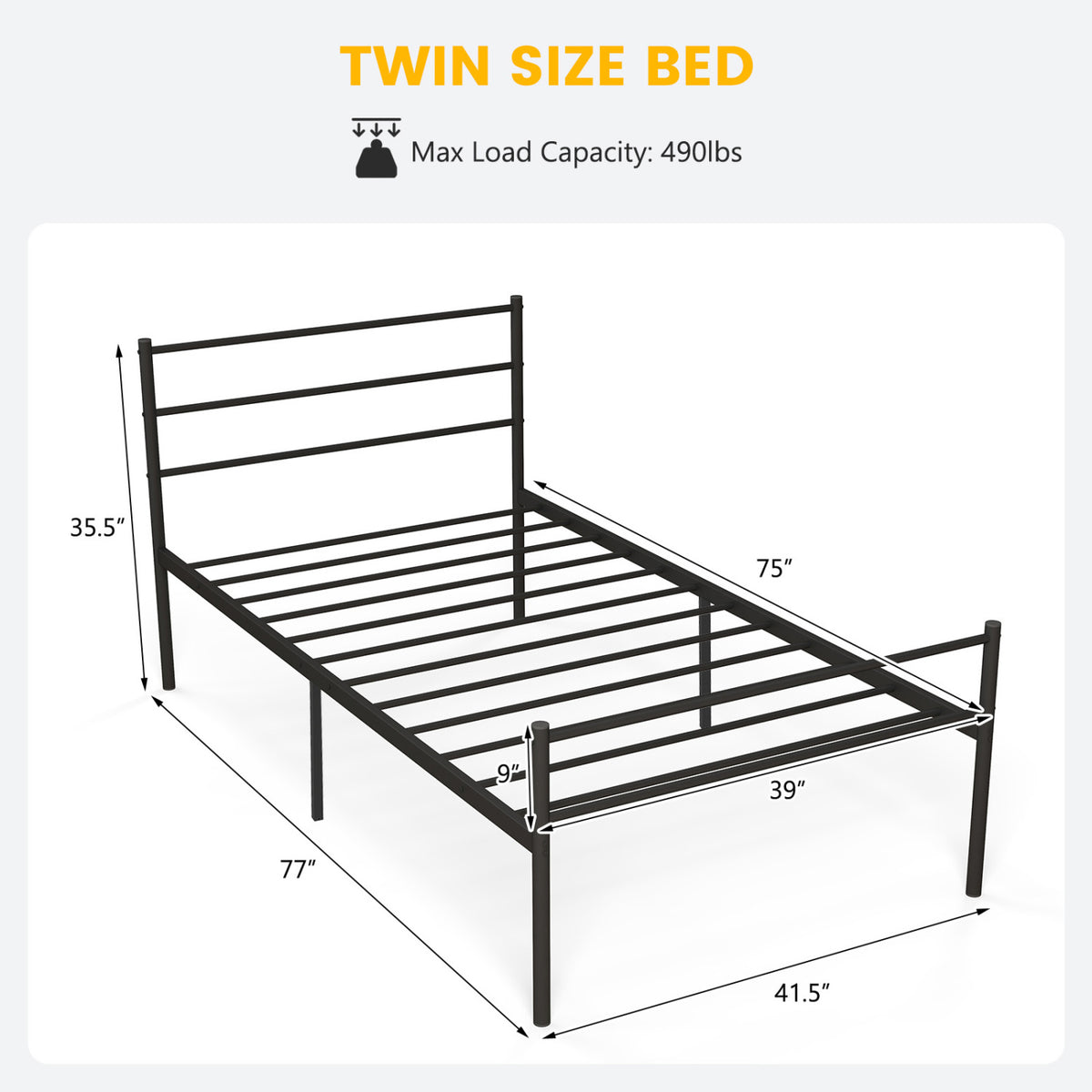 Twin Size Metal Bed Frame Platform with Headboard-Black
