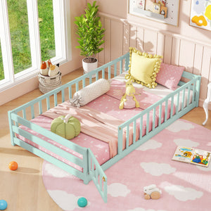 Twin Size Montessori Floor Bed Frame with Full Length Safety Guardrails-Green