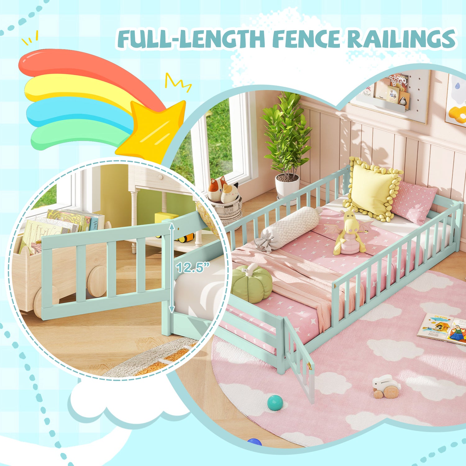 Twin Size Montessori Floor Bed Frame with Full Length Safety Guardrails-Green