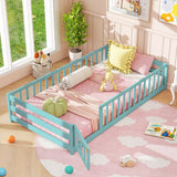 Twin Size Montessori Floor Bed Frame with Full Length Safety Guardrails-Dark Green
