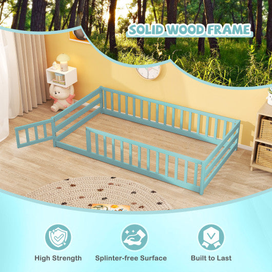 Twin Size Montessori Floor Bed Frame with Full Length Safety Guardrails-Green