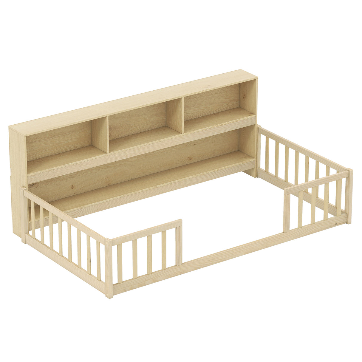 Twin Size Montessori Floor Bed with Bookcase-Natural