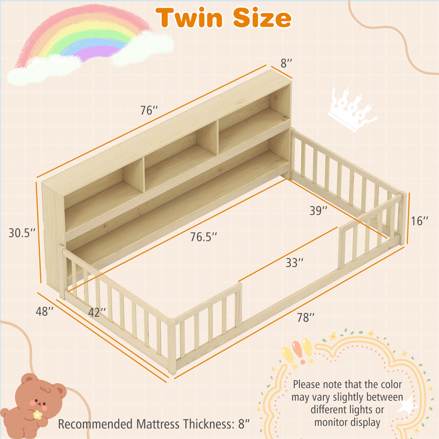 Twin Size Montessori Floor Bed with Bookcase-Natural