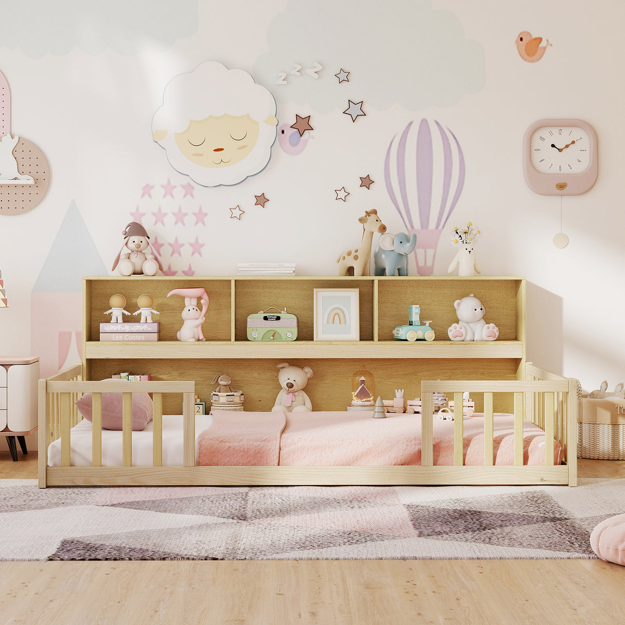 Twin Size Montessori Floor Bed with Bookcase-Natural