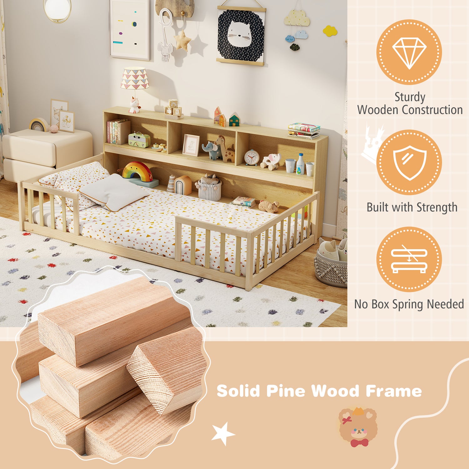 Twin Size Montessori Floor Bed with Bookcase-Natural