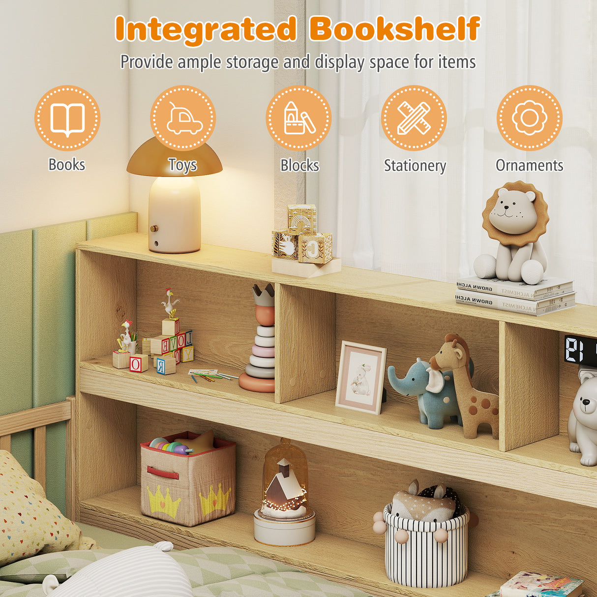Twin Size Montessori Floor Bed with Bookcase-Natural