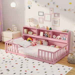 Twin Size Montessori Floor Bed with Bookcase-Pink