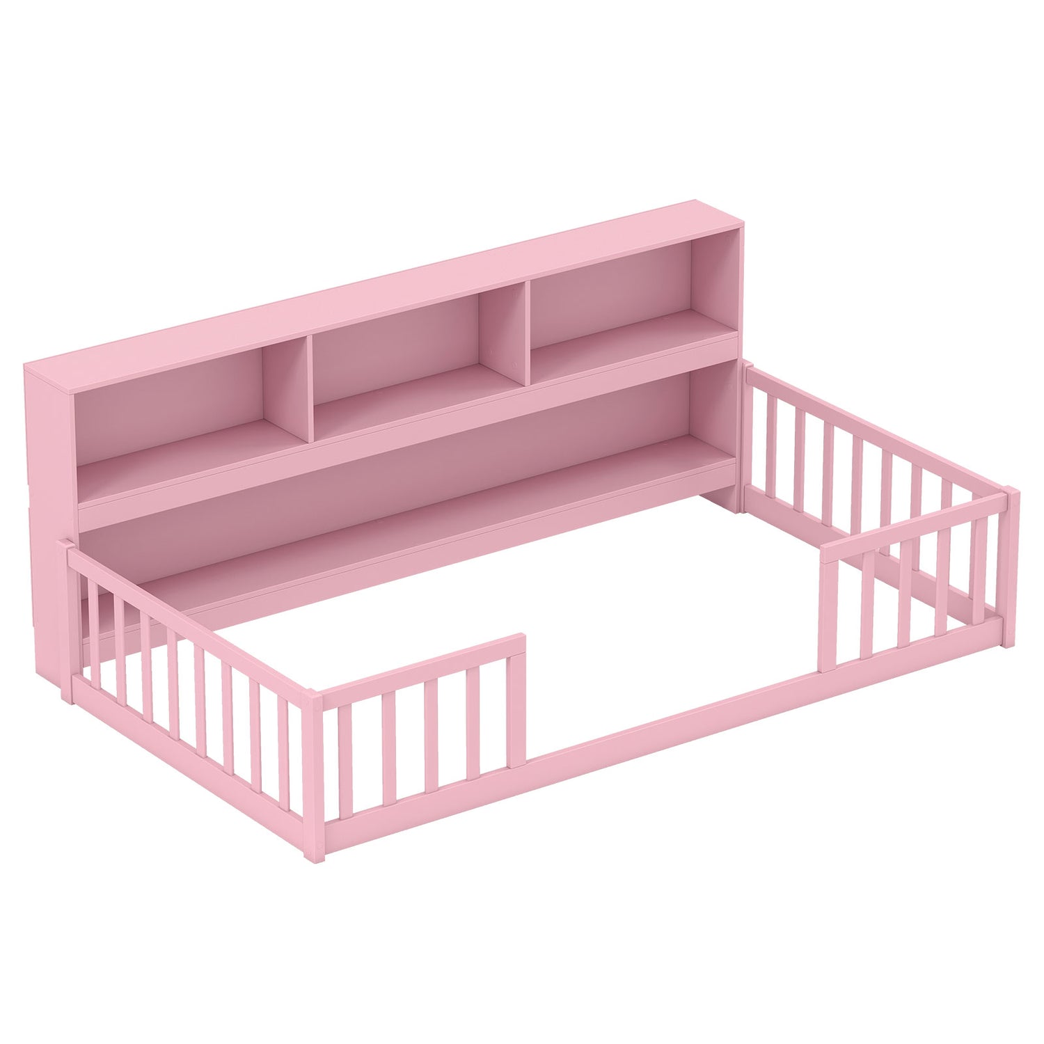 Twin Size Montessori Floor Bed with Bookcase-Pink