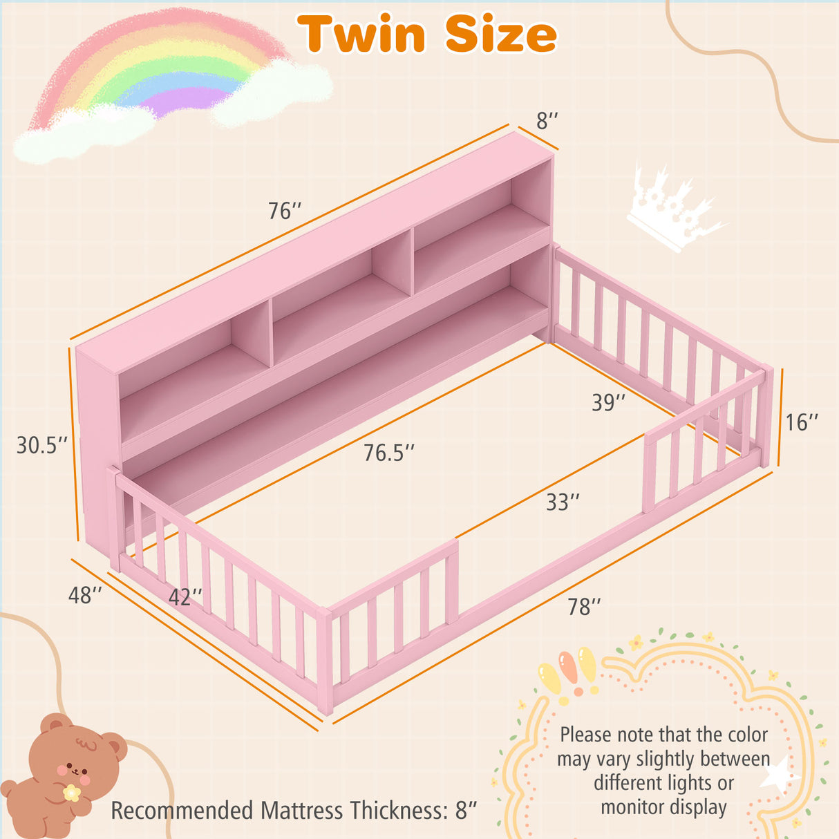 Twin Size Montessori Floor Bed with Bookcase-Pink