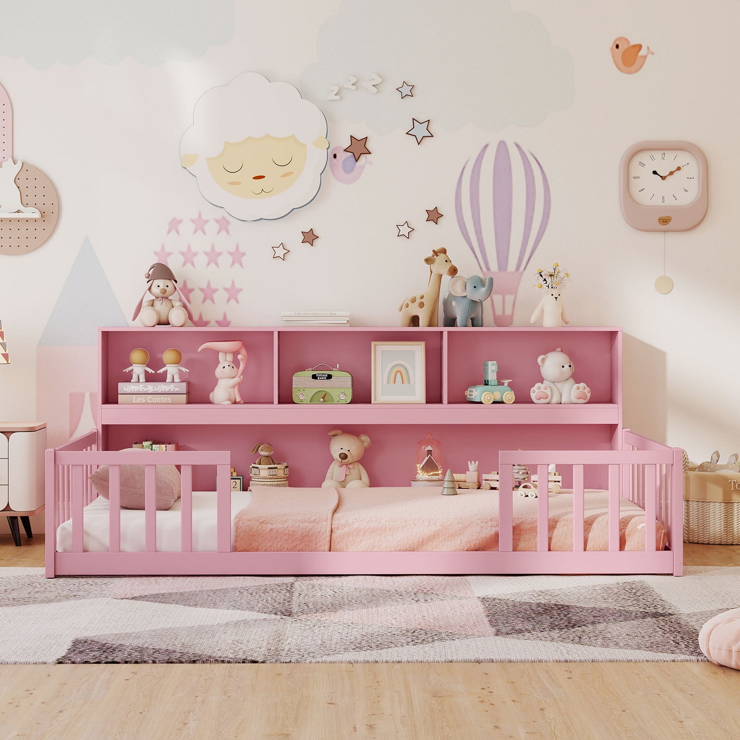 Twin Size Montessori Floor Bed with Bookcase-Pink
