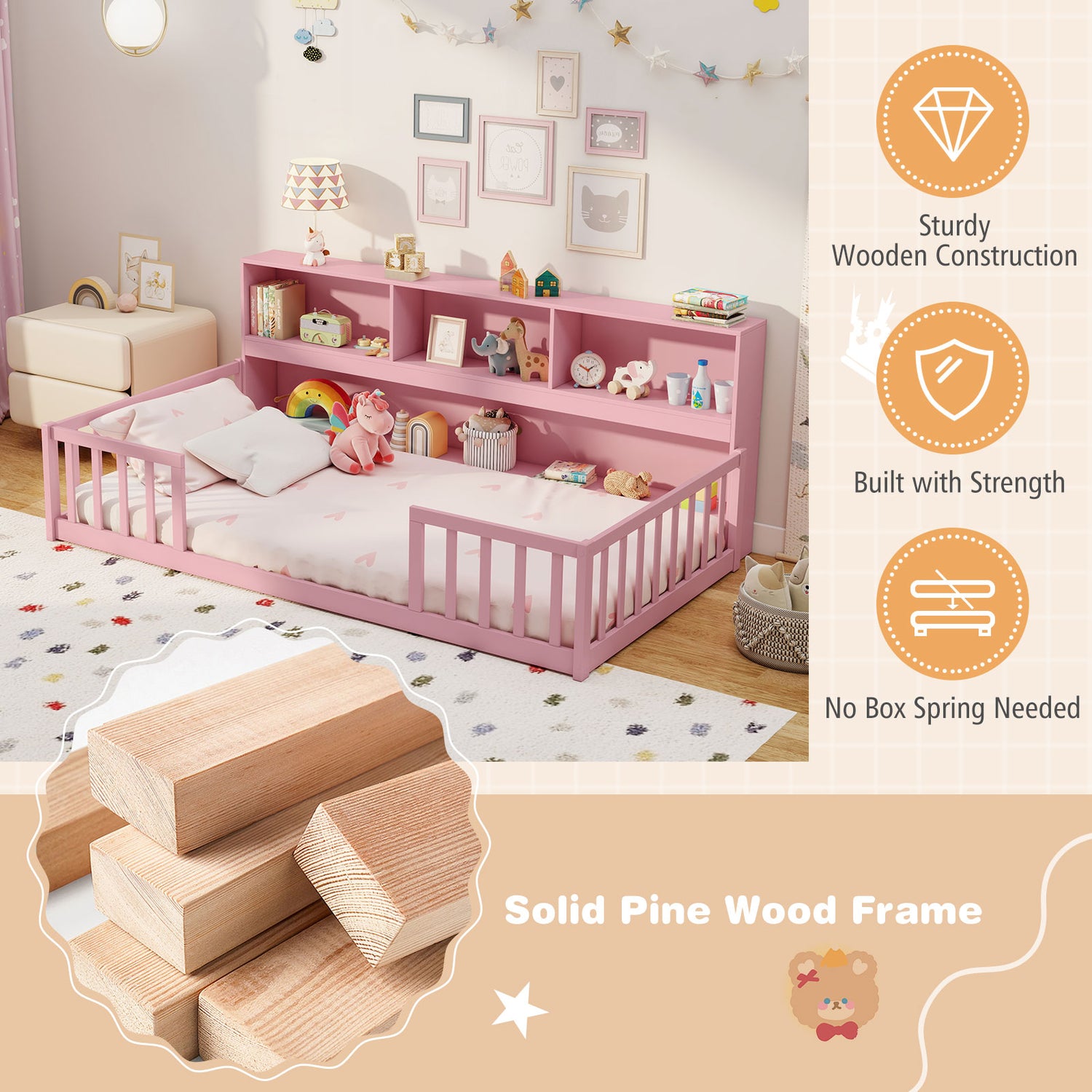 Twin Size Montessori Floor Bed with Bookcase-Pink