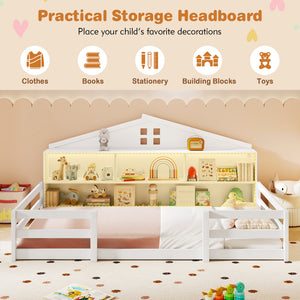 Twin Size Montessori Floor Bed with Storage Compartments and Shelf-White