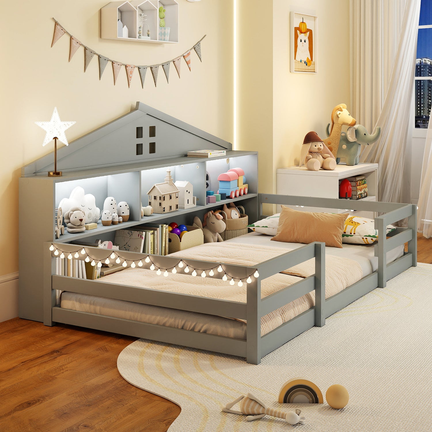 Twin Size Montessori Floor Bed with Storage Compartments and Shelf-Gray