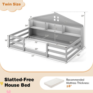 Twin Size Montessori Floor Bed with Storage Compartments and Shelf-Gray