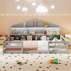 Twin Size Montessori Floor Bed with Storage Compartments and Shelf-Gray