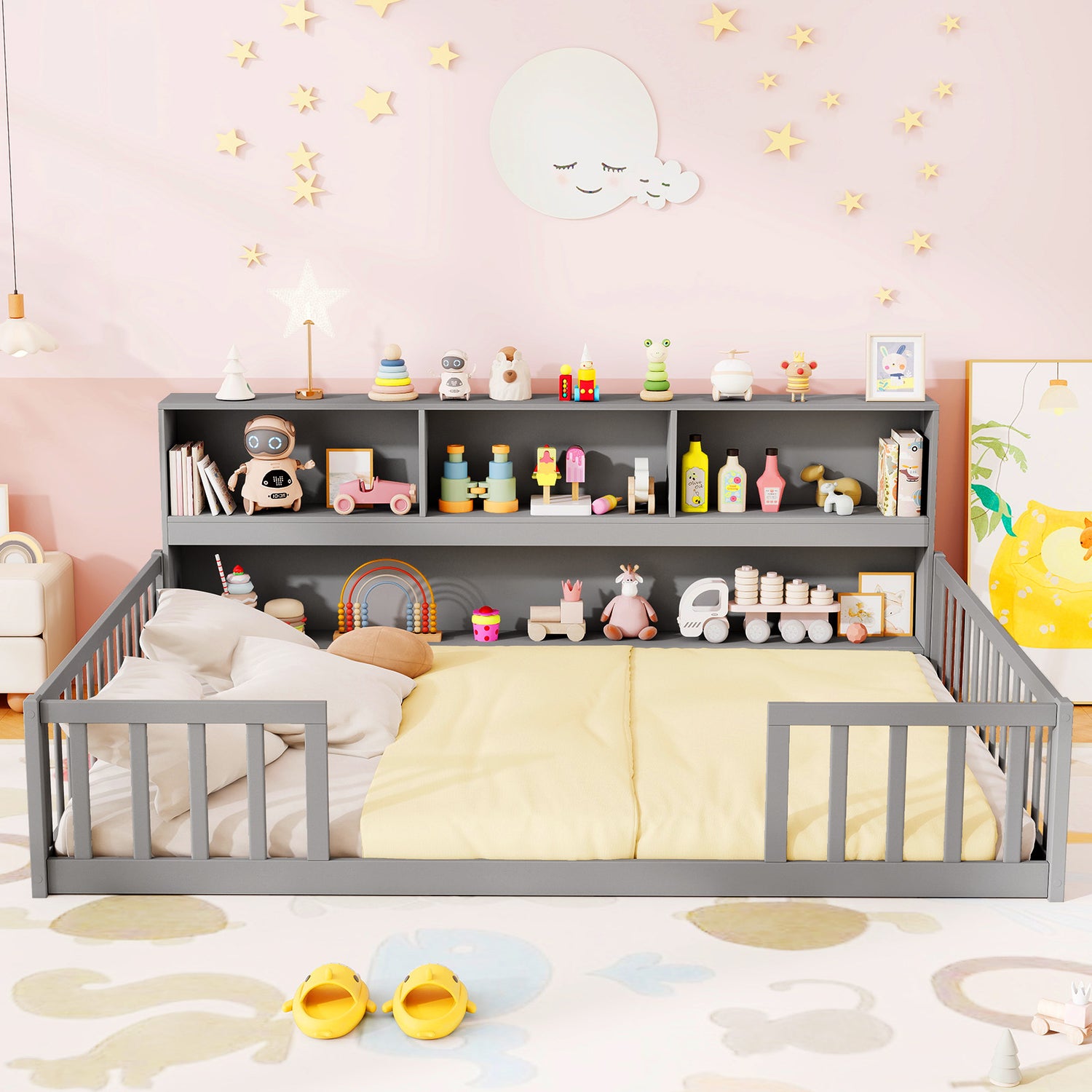 Twin Size Montessori Floor Bed with Bookcase-Gray