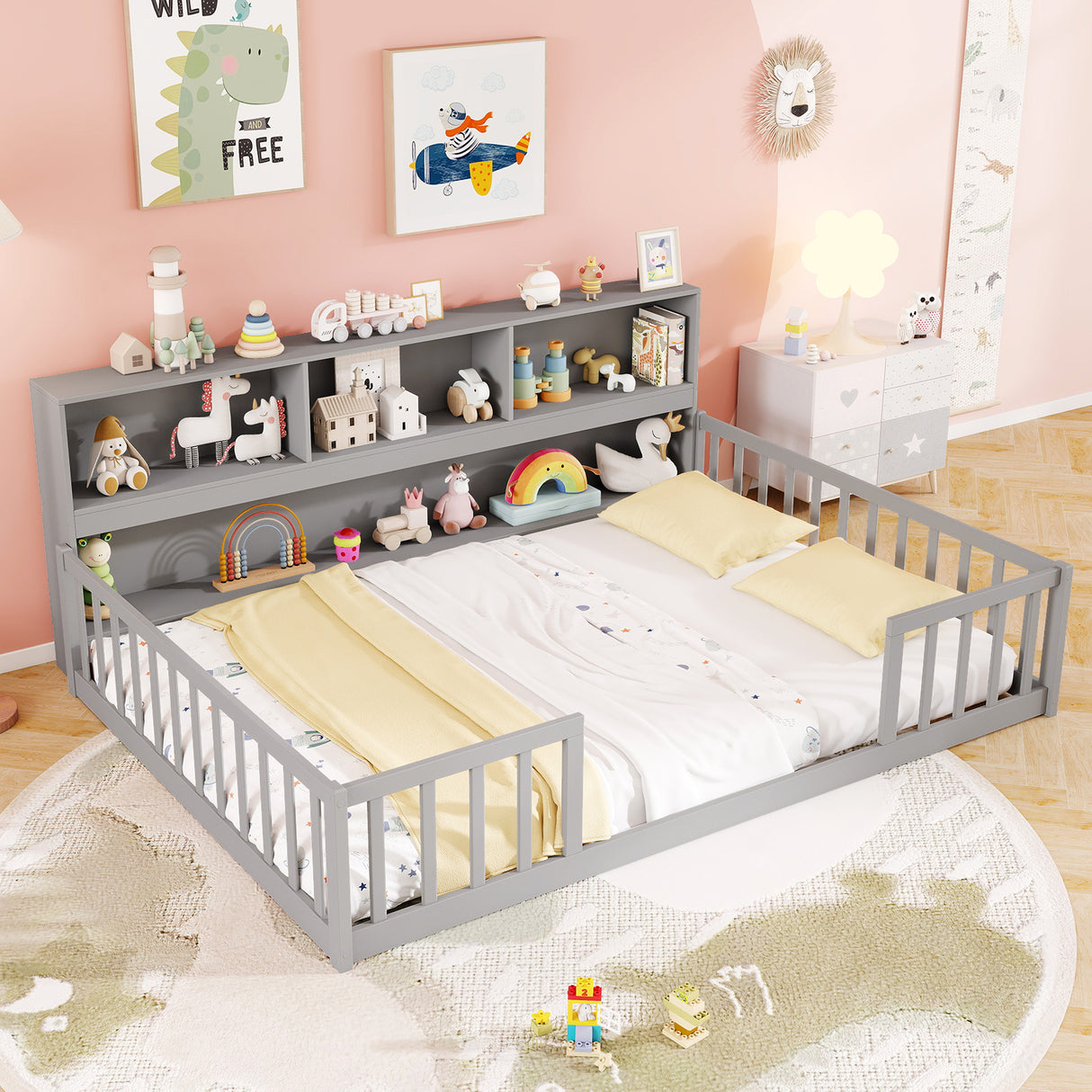 Twin Size Montessori Floor Bed with Bookcase-Gray