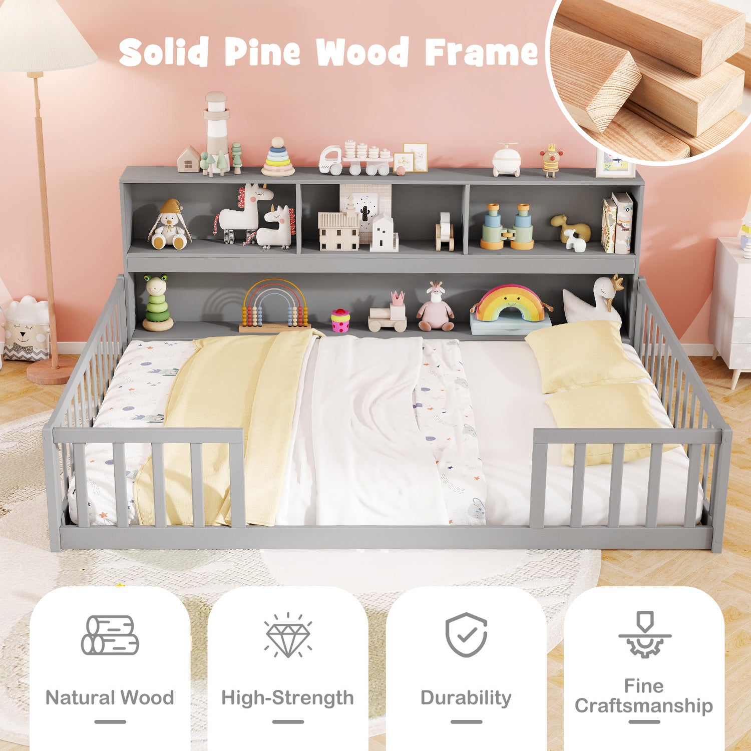 Twin Size Montessori Floor Bed with Bookcase-Gray