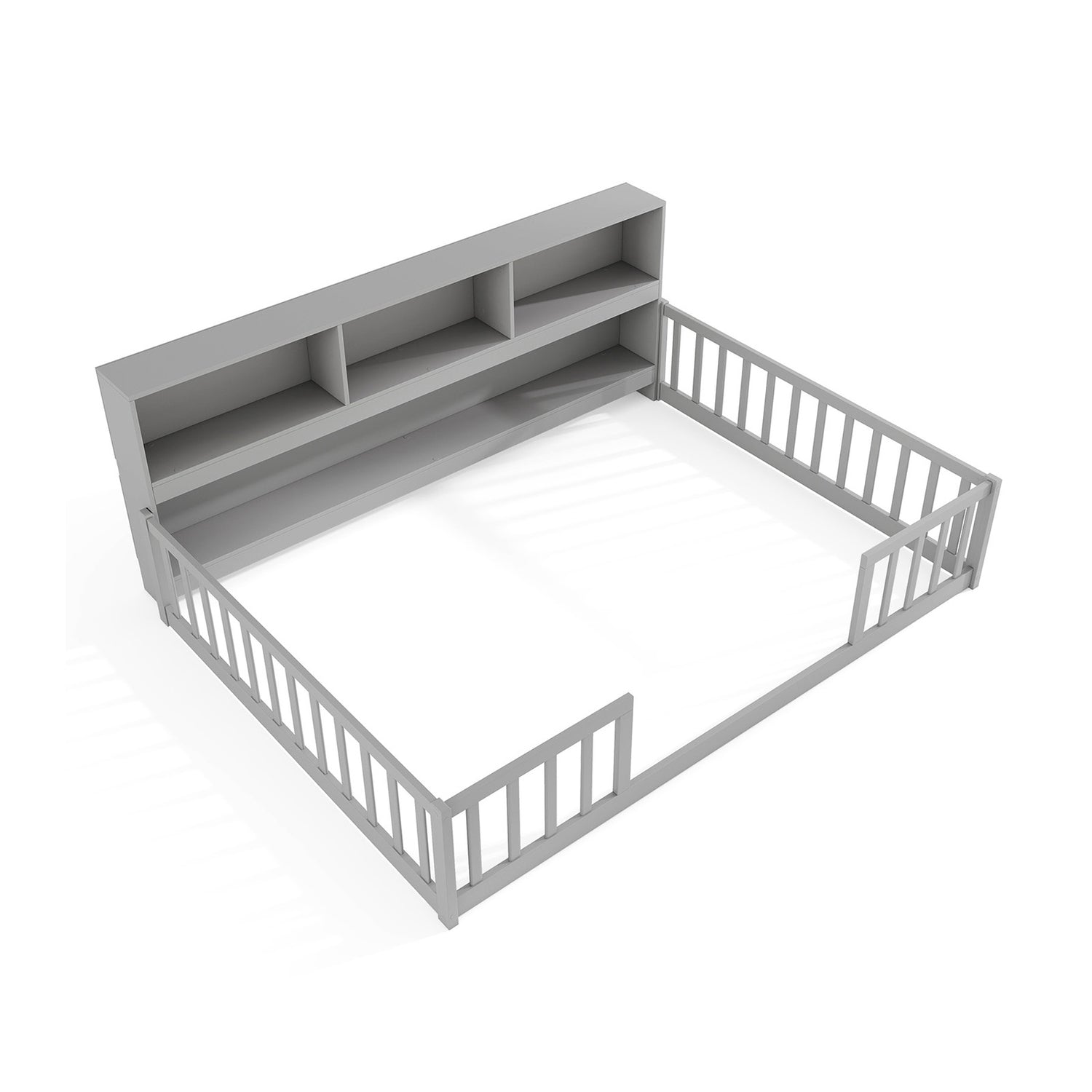 Twin Size Montessori Floor Bed with Bookcase-Gray