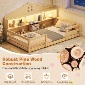 Twin Size Montessori Floor Bed with Storage Compartments and Shelf-Natural
