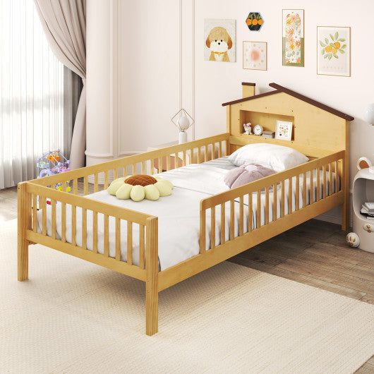 Twin Size Kids Montessori Bed with House-Shaped Headboard and Built-in Storage Shelf-Natural