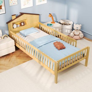 Twin Size Kids Montessori Bed with House-Shaped Headboard and Built-in Storage Shelf-Natural