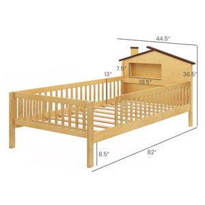 Twin Size Kids Montessori Bed with House-Shaped Headboard and Built-in Storage Shelf-Natural