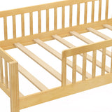Twin Size Kids Montessori Bed with House-Shaped Headboard and Built-in Storage Shelf-Natural