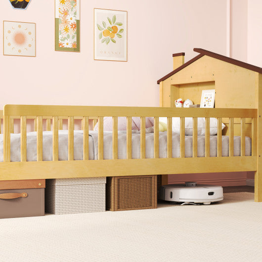 Twin Size Kids Montessori Bed with House-Shaped Headboard and Built-in Storage Shelf-Natural