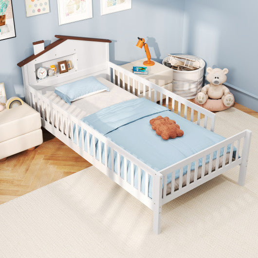 Twin Size Kids Montessori Bed with House-Shaped Headboard and Built-in Storage Shelf-White
