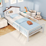 Twin Size Kids Montessori Bed with House-Shaped Headboard and Built-in Storage Shelf-White