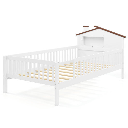 Twin Size Kids Montessori Bed with House-Shaped Headboard and Built-in Storage Shelf-White