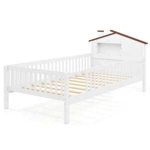 Twin Size Kids Montessori Bed with House-Shaped Headboard and Built-in Storage Shelf-White